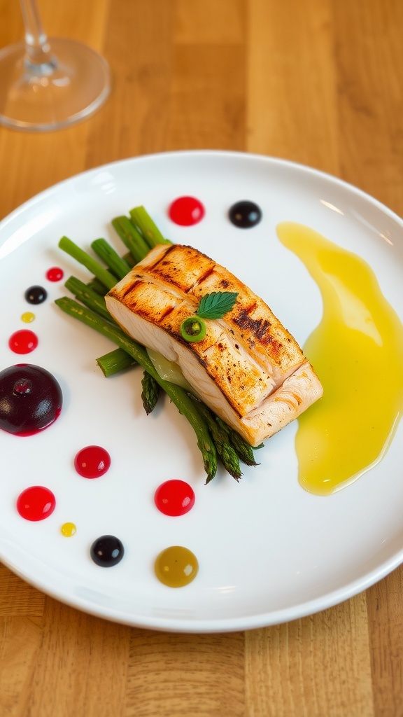 Gourmet dish with salmon and asparagus, decorated with artistic sauce designs on the plate.